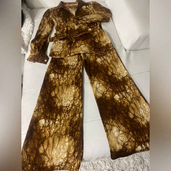 Vintage Pants - Amazing 70s brown tie dye vintage two piece matching cord set small